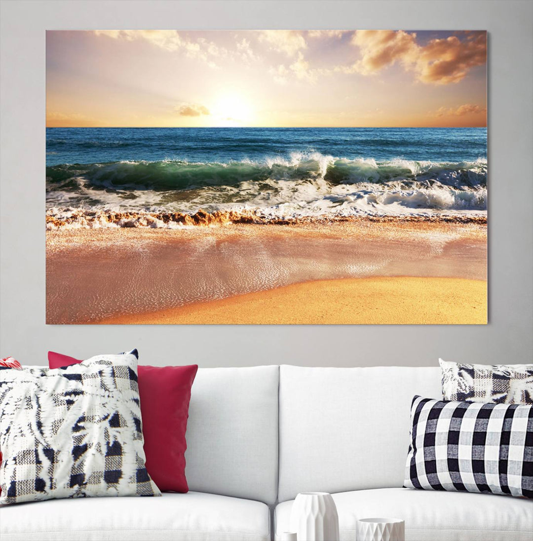 Tropical Beach Sunset Canvas Wall Art - Ocean Waves and Golden Sand, Ready to Hang Seaside Decor for Living Room, Bedroom, or Office