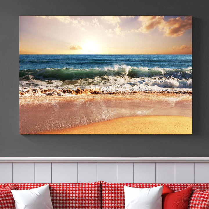 Tropical Beach Sunset Canvas Wall Art - Ocean Waves and Golden Sand, Ready to Hang Seaside Decor for Living Room, Bedroom, or Office