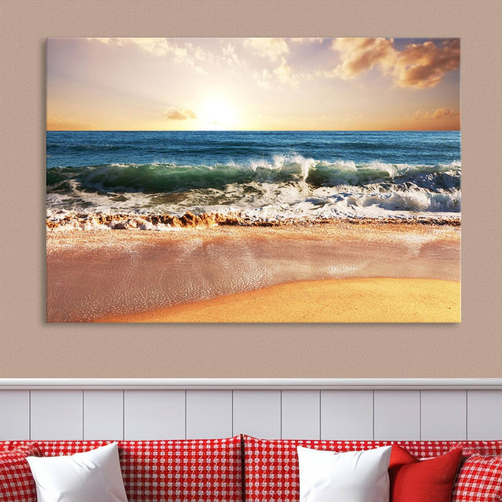 Tropical Beach Sunset Canvas Wall Art - Ocean Waves and Golden Sand, Ready to Hang Seaside Decor for Living Room, Bedroom, or Office