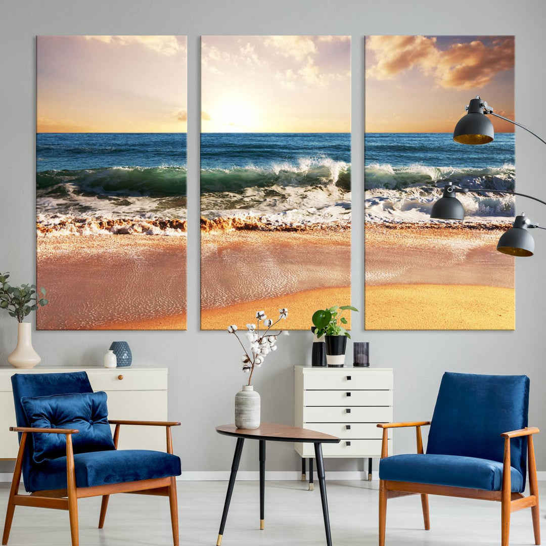 Tropical Beach Sunset Canvas Wall Art - Ocean Waves and Golden Sand, Ready to Hang Seaside Decor for Living Room, Bedroom, or Office