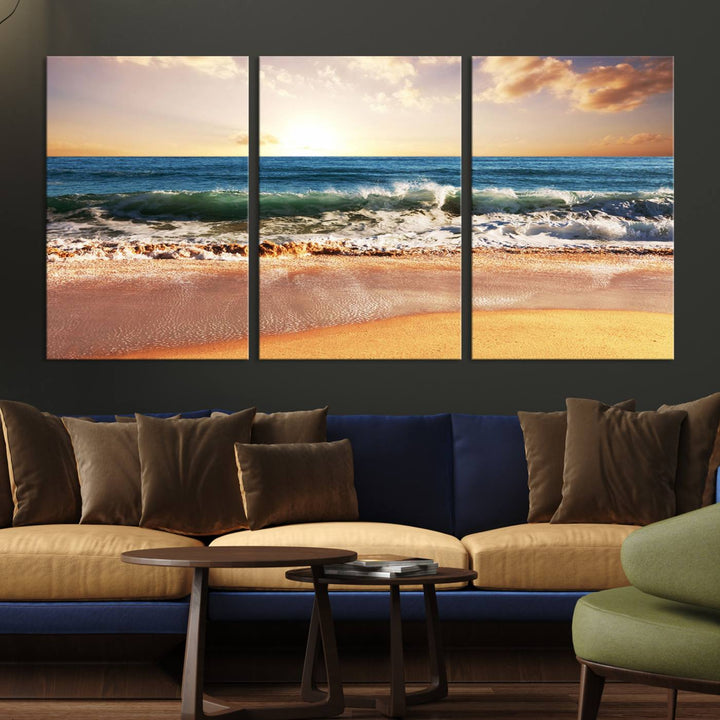 Tropical Beach Sunset Canvas Wall Art - Ocean Waves and Golden Sand, Ready to Hang Seaside Decor for Living Room, Bedroom, or Office