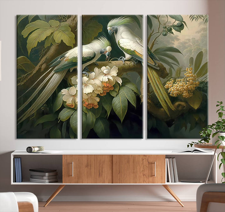 Tropical Paradise Print Wall Art Stunning Artwork of a Parrot in a Lush Forest with Beautiful Flowers Canvas