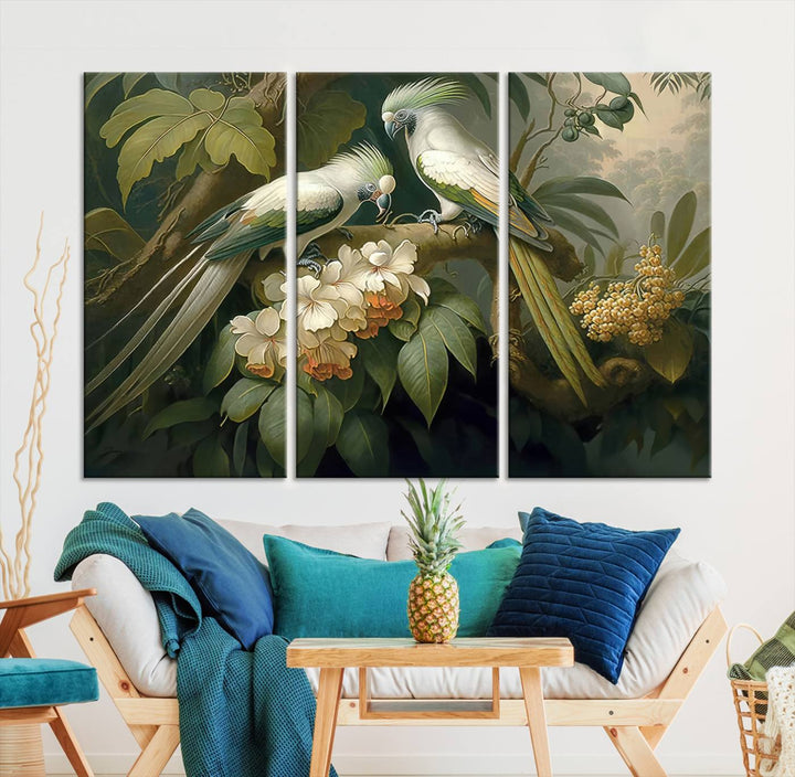 Tropical Paradise Print Wall Art Stunning Artwork of a Parrot in a Lush Forest with Beautiful Flowers Canvas