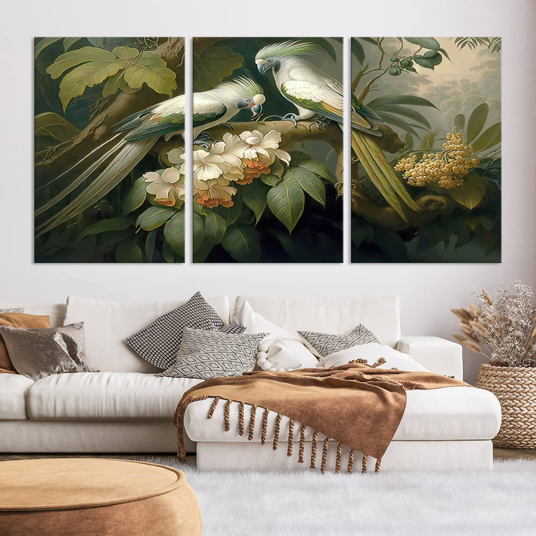 Tropical Paradise Print Wall Art Stunning Artwork of a Parrot in a Lush Forest with Beautiful Flowers Canvas