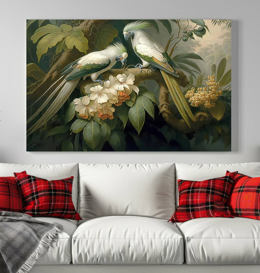 Tropical Paradise Print Wall Art Stunning Artwork of a Parrot in a Lush Forest with Beautiful Flowers Canvas