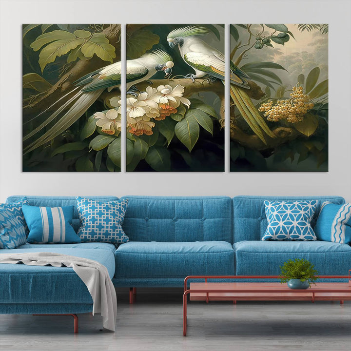 Tropical Paradise Print Wall Art Stunning Artwork of a Parrot in a Lush Forest with Beautiful Flowers Canvas