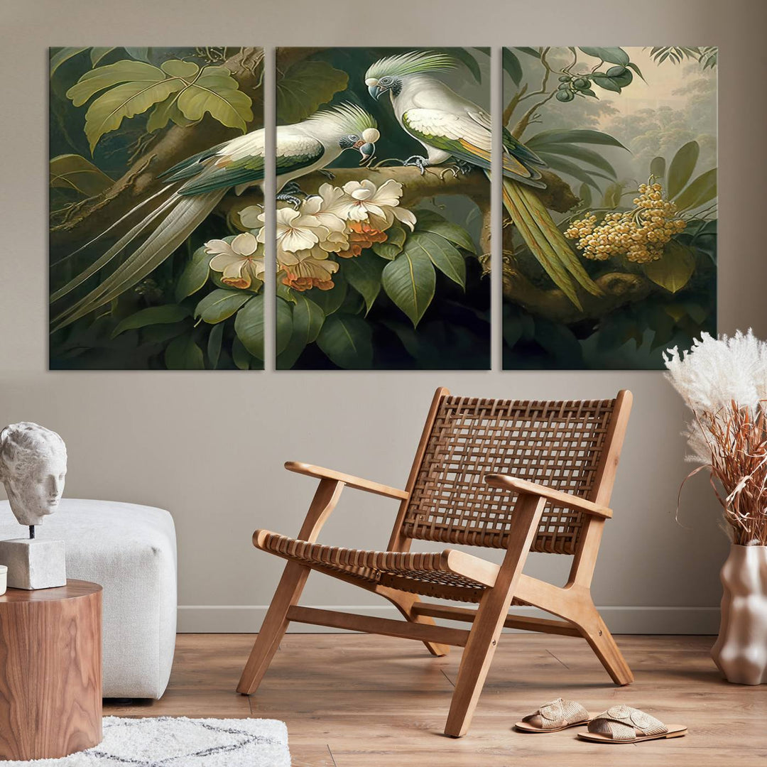 Tropical Paradise Print Wall Art Stunning Artwork of a Parrot in a Lush Forest with Beautiful Flowers Canvas