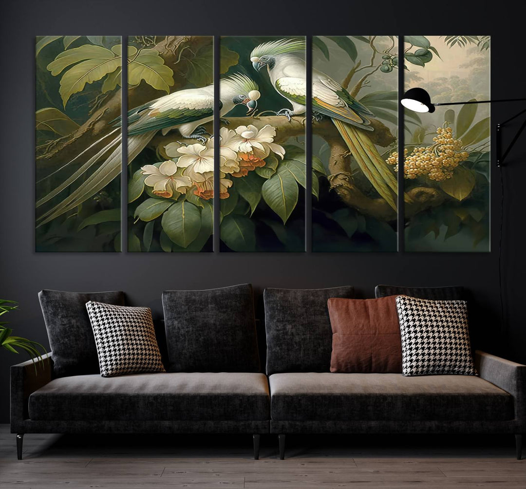 Tropical Paradise Print Wall Art Stunning Artwork of a Parrot in a Lush Forest with Beautiful Flowers Canvas