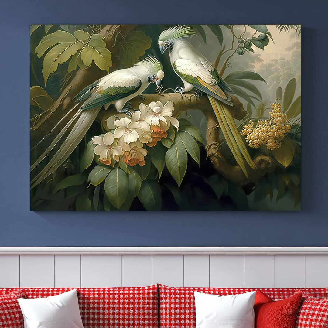 Tropical Paradise Print Wall Art Stunning Artwork of a Parrot in a Lush Forest with Beautiful Flowers Canvas