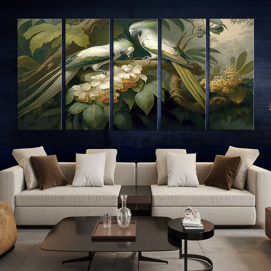 Tropical Paradise Print Wall Art Stunning Artwork of a Parrot in a Lush Forest with Beautiful Flowers Canvas