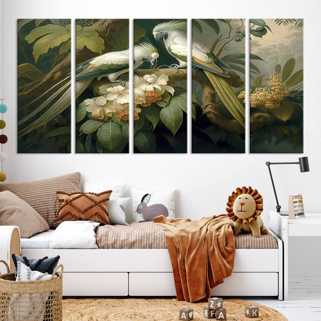 Tropical Paradise Print Wall Art Stunning Artwork of a Parrot in a Lush Forest with Beautiful Flowers Canvas