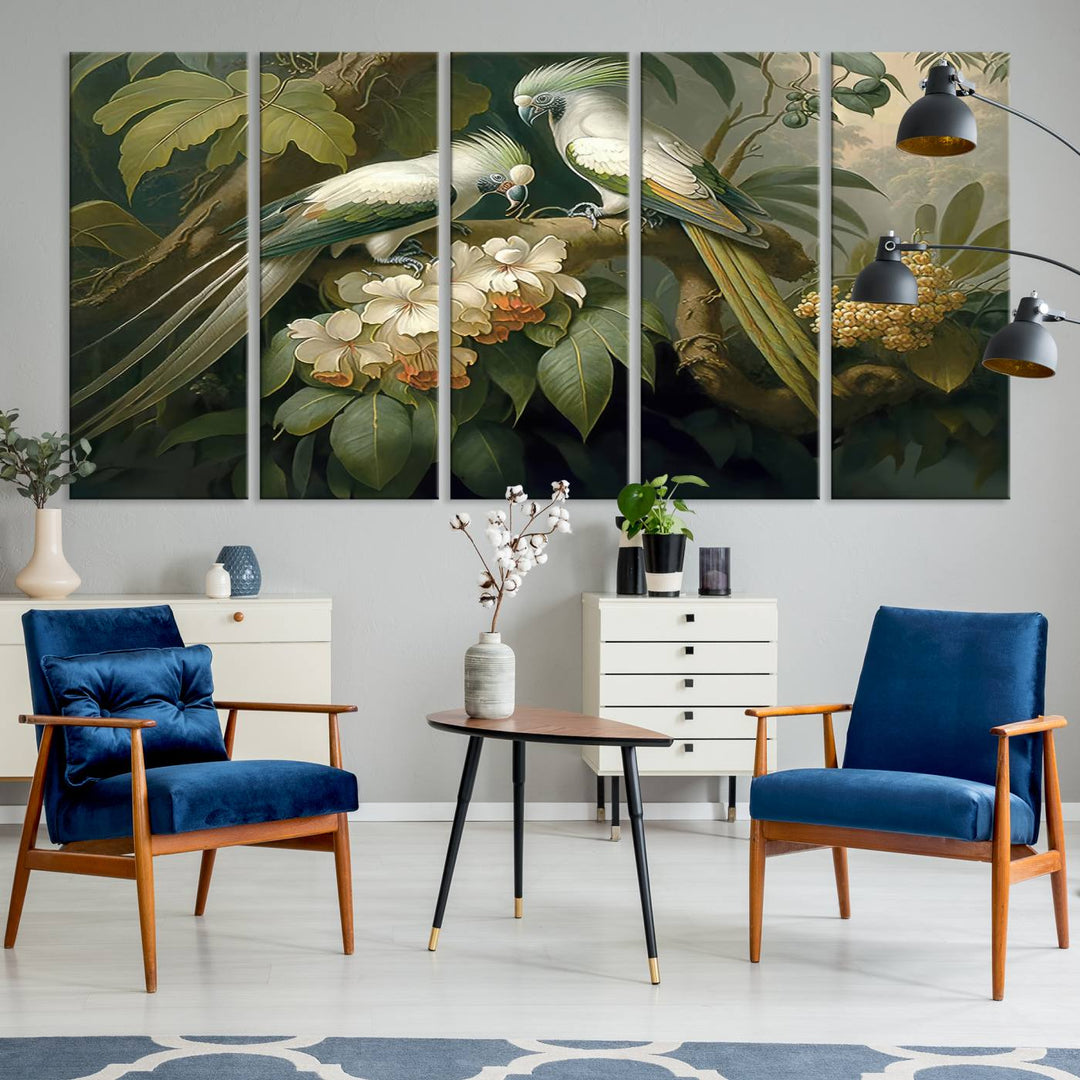 Tropical Paradise Print Wall Art Stunning Artwork of a Parrot in a Lush Forest with Beautiful Flowers Canvas