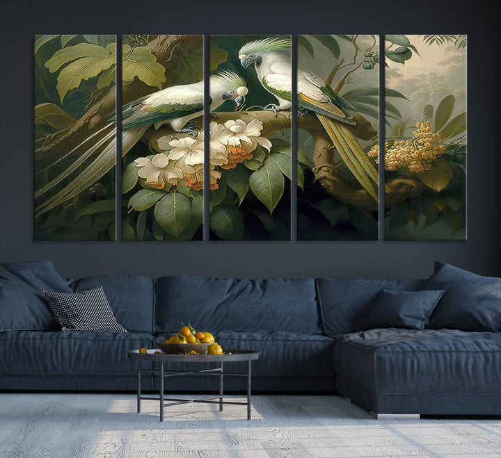 Tropical Paradise Print Wall Art Stunning Artwork of a Parrot in a Lush Forest with Beautiful Flowers Canvas