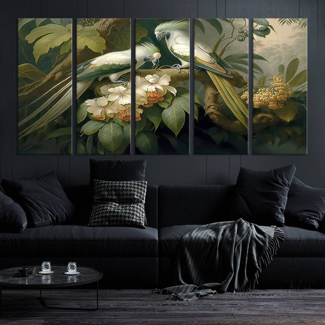 Tropical Paradise Print Wall Art Stunning Artwork of a Parrot in a Lush Forest with Beautiful Flowers Canvas