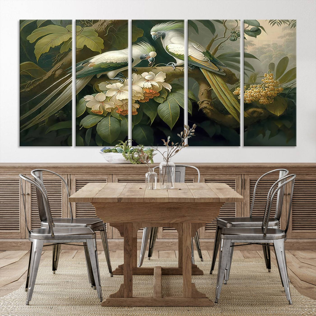 Tropical Paradise Print Wall Art Stunning Artwork of a Parrot in a Lush Forest with Beautiful Flowers Canvas