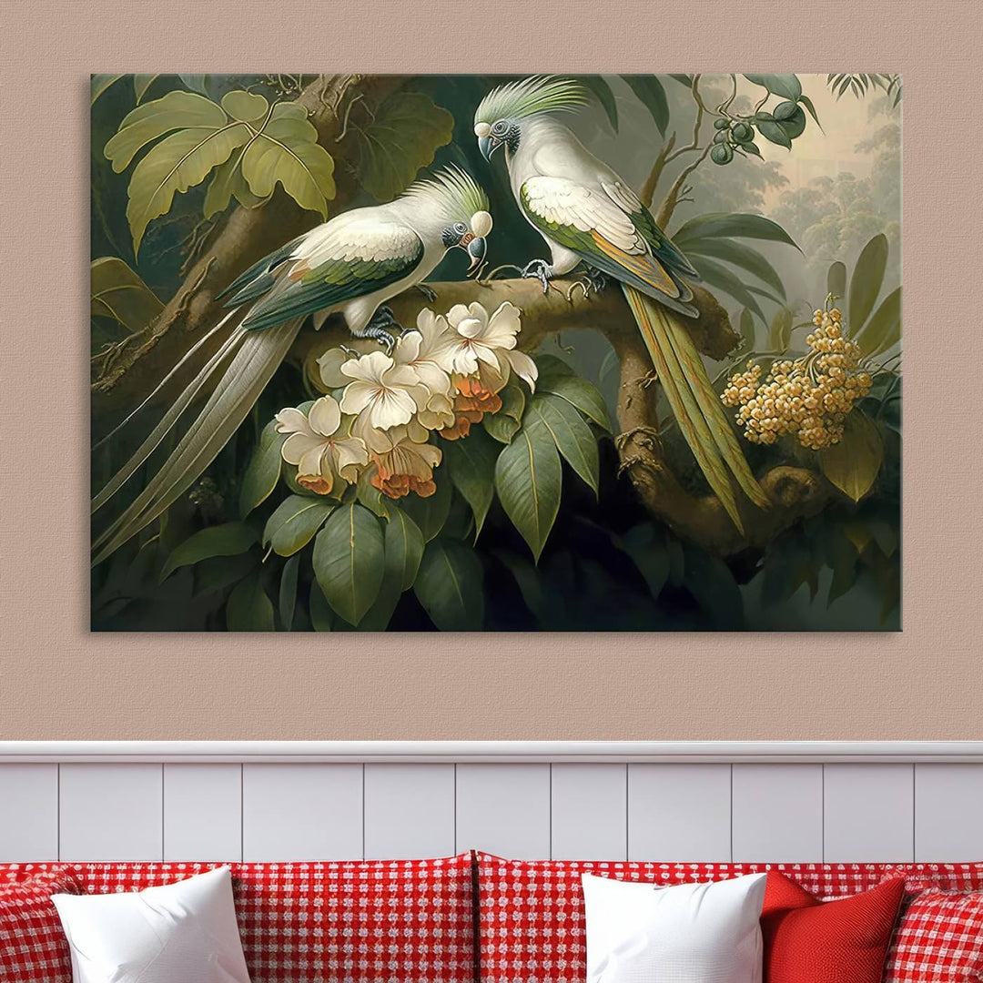 Tropical Paradise Print Wall Art Stunning Artwork of a Parrot in a Lush Forest with Beautiful Flowers Canvas