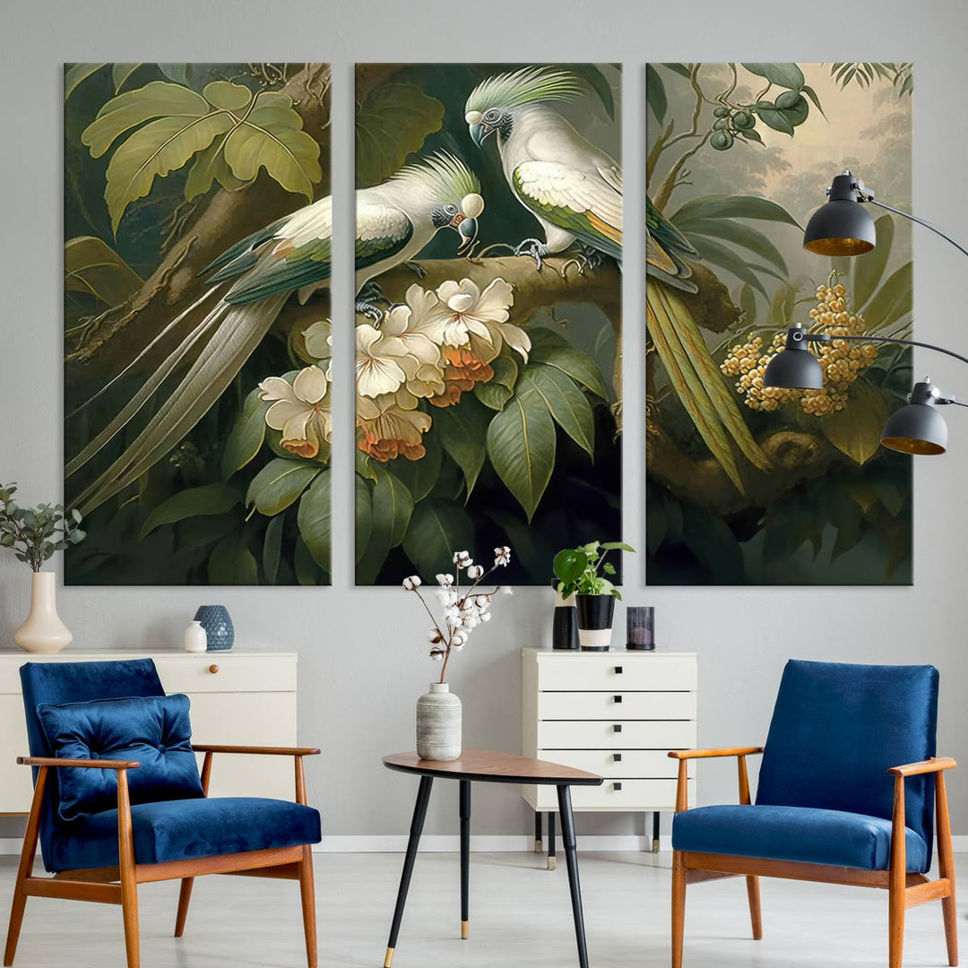 Tropical Paradise Print Wall Art Stunning Artwork of a Parrot in a Lush Forest with Beautiful Flowers Canvas