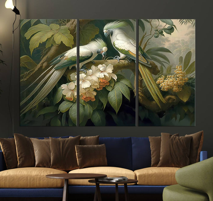 Tropical Paradise Print Wall Art Stunning Artwork of a Parrot in a Lush Forest with Beautiful Flowers Canvas