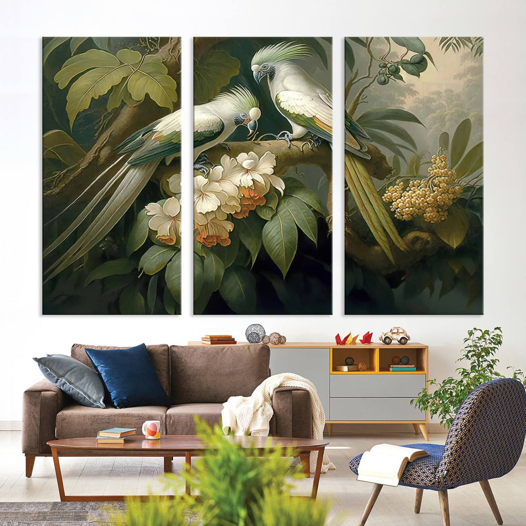 Tropical Paradise Print Wall Art Stunning Artwork of a Parrot in a Lush Forest with Beautiful Flowers Canvas