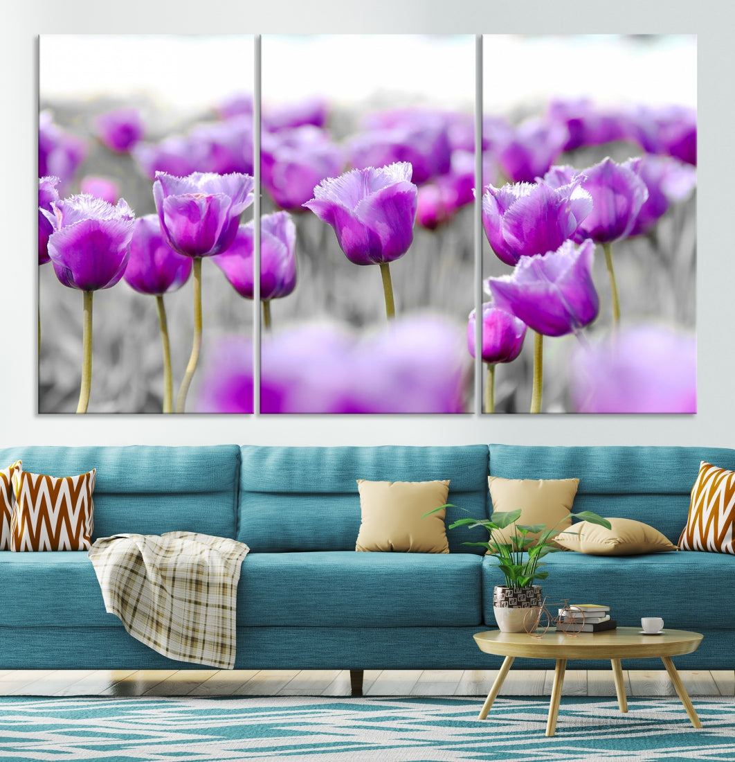 Tulip Fields Canvas Wall Art Print Extra Large Purple Tulips Flower Artwork for Walls