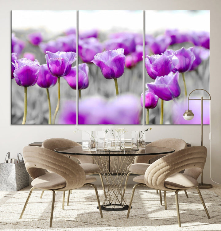 Tulip Fields Canvas Wall Art Print Extra Large Purple Tulips Flower Artwork for Walls