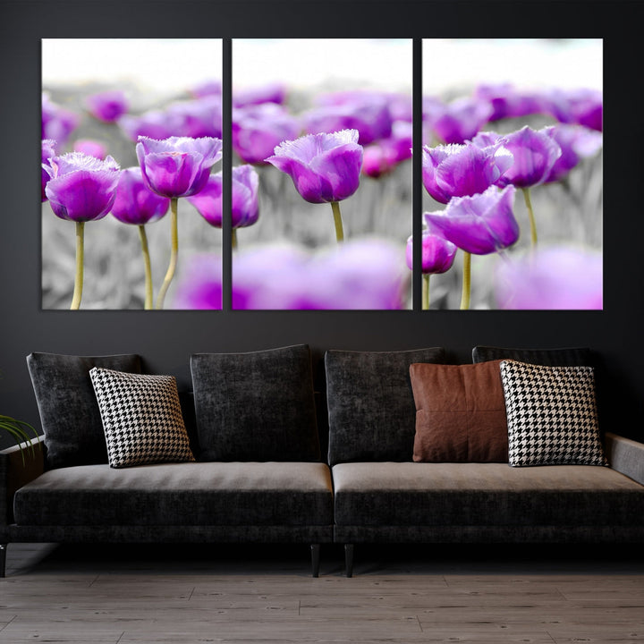 Tulip Fields Canvas Wall Art Print Extra Large Purple Tulips Flower Artwork for Walls