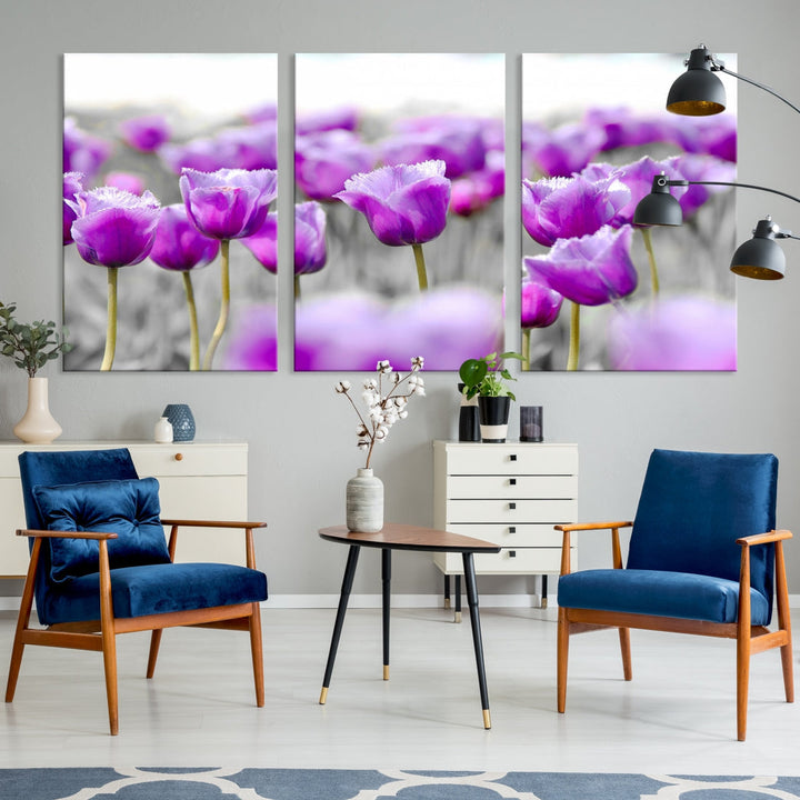 Tulip Fields Canvas Wall Art Print Extra Large Purple Tulips Flower Artwork for Walls