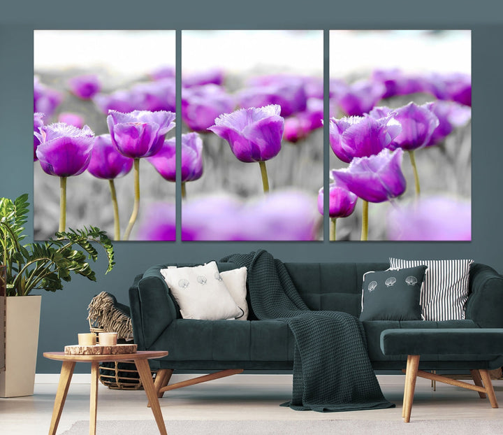 Tulip Fields Canvas Wall Art Print Extra Large Purple Tulips Flower Artwork for Walls