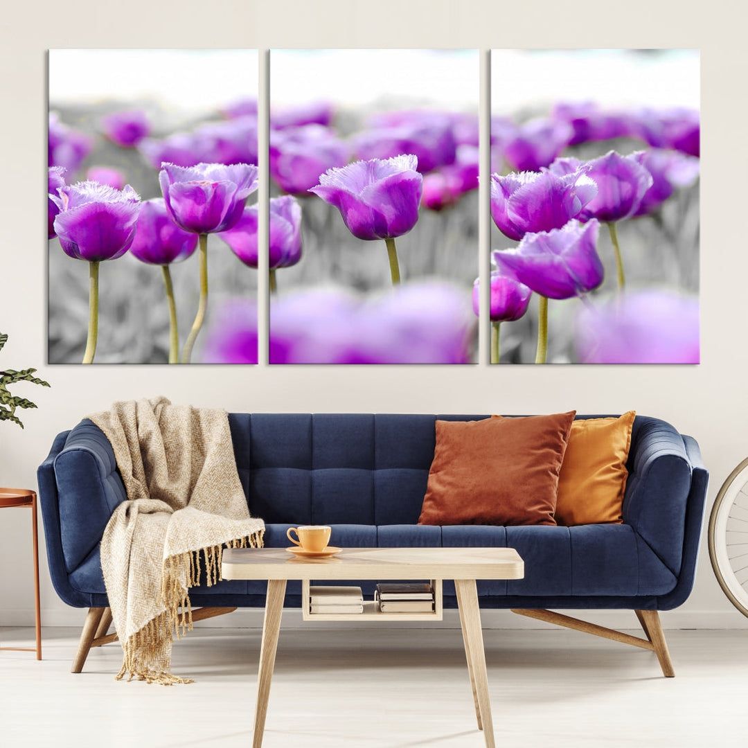 Tulip Fields Canvas Wall Art Print Extra Large Purple Tulips Flower Artwork for Walls