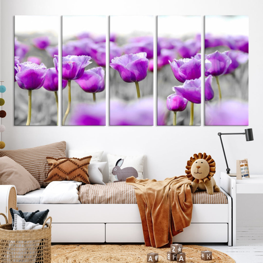 Tulip Fields Canvas Wall Art Print Extra Large Purple Tulips Flower Artwork for Walls