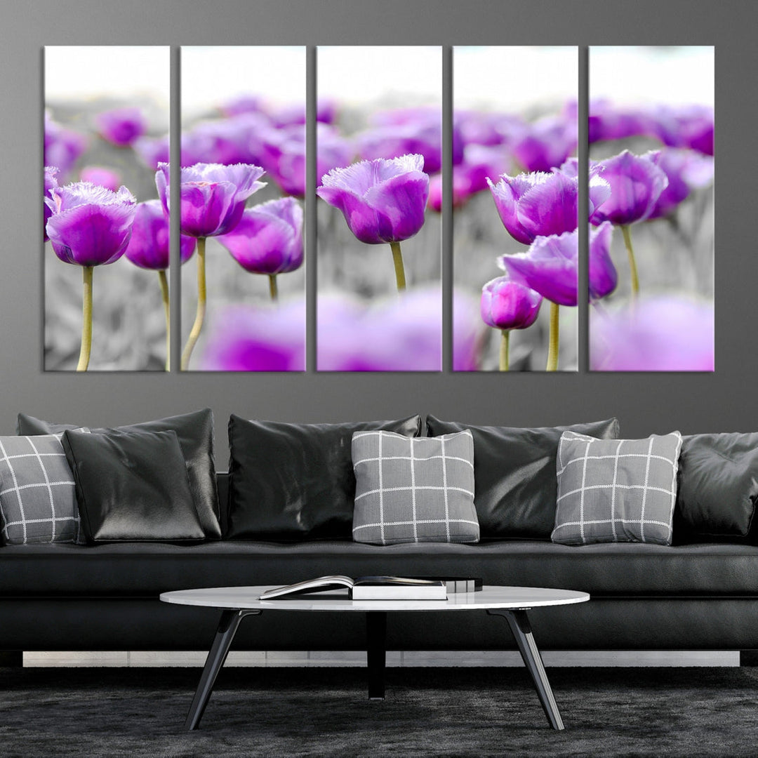 Tulip Fields Canvas Wall Art Print Extra Large Purple Tulips Flower Artwork for Walls