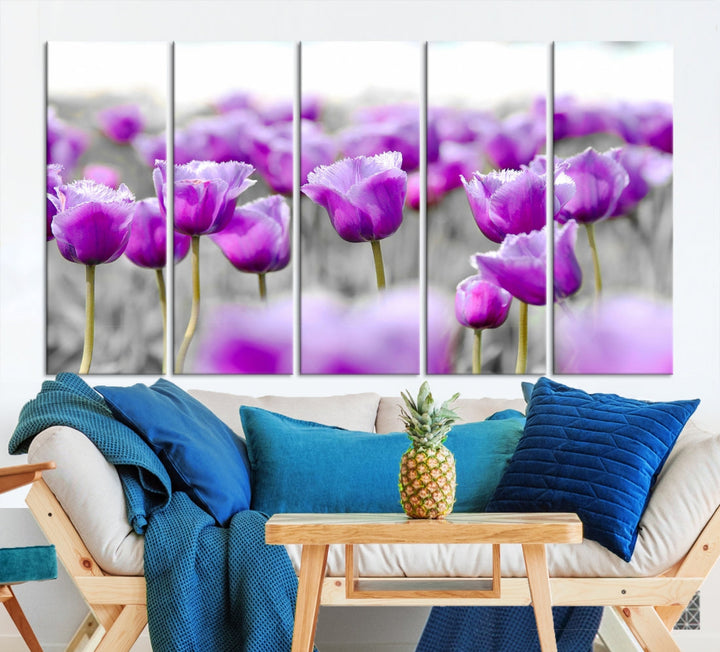 Tulip Fields Canvas Wall Art Print Extra Large Purple Tulips Flower Artwork for Walls