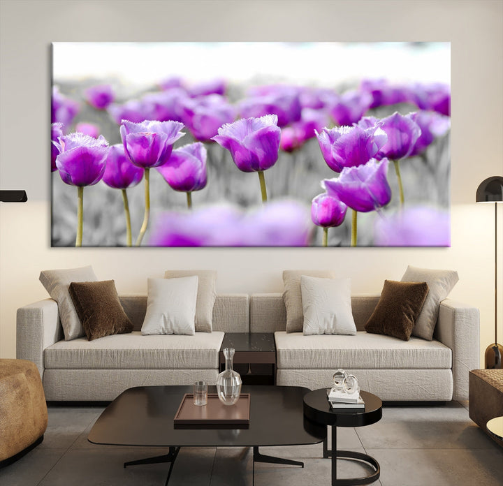 Tulip Fields Canvas Wall Art Print Extra Large Purple Tulips Flower Artwork for Walls