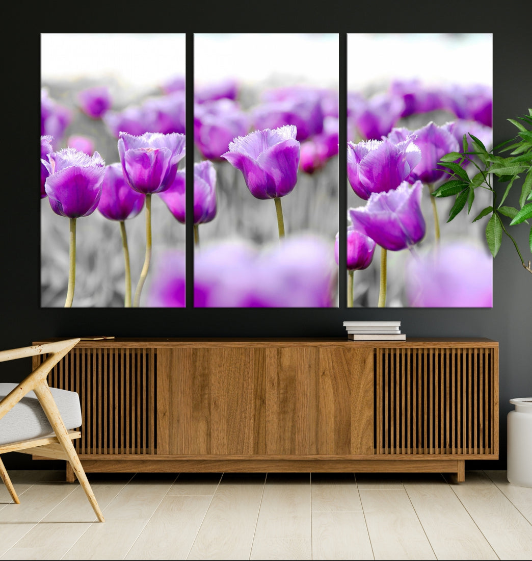 Tulip Fields Canvas Wall Art Print Extra Large Purple Tulips Flower Artwork for Walls