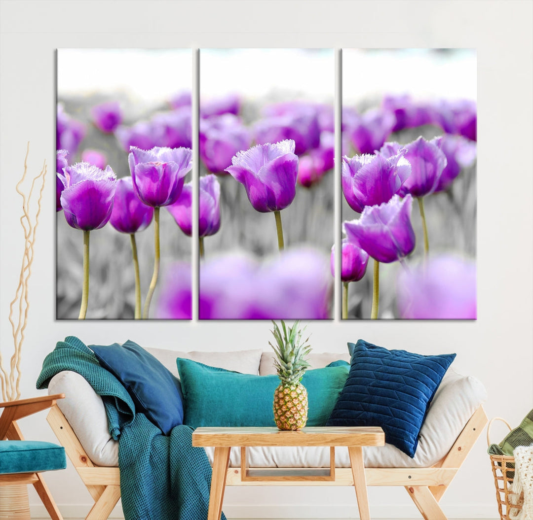 Tulip Fields Canvas Wall Art Print Extra Large Purple Tulips Flower Artwork for Walls