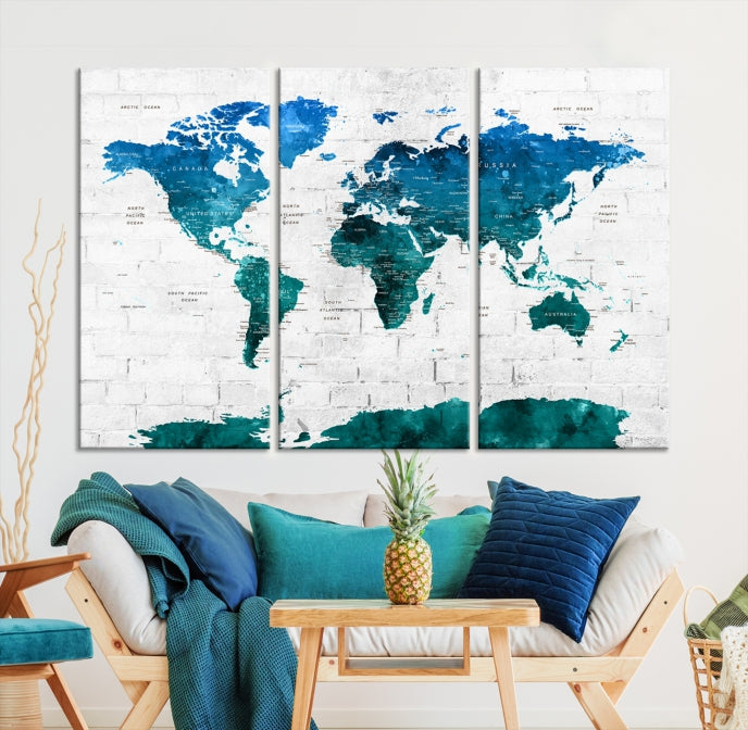 Turquoise Blue World Map Canvas Wall Art Giclee Print Artwork for Walls