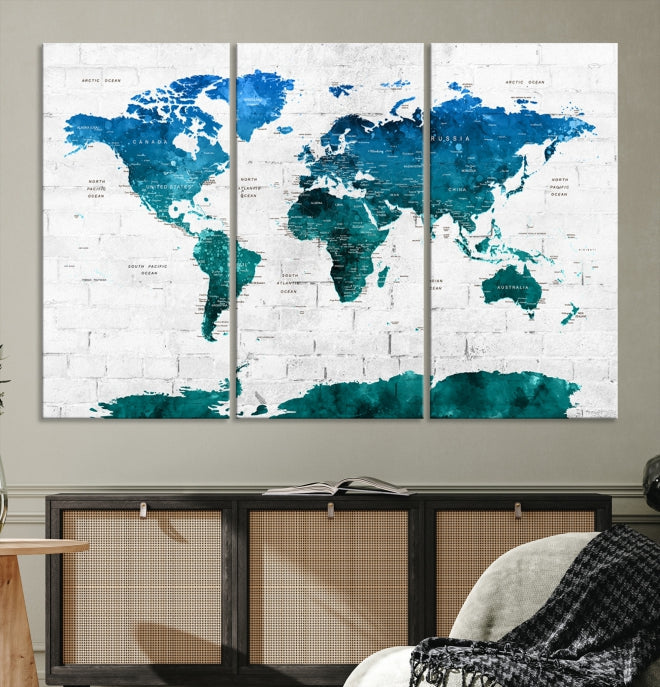 Turquoise Blue World Map Canvas Wall Art Giclee Print Artwork for Walls