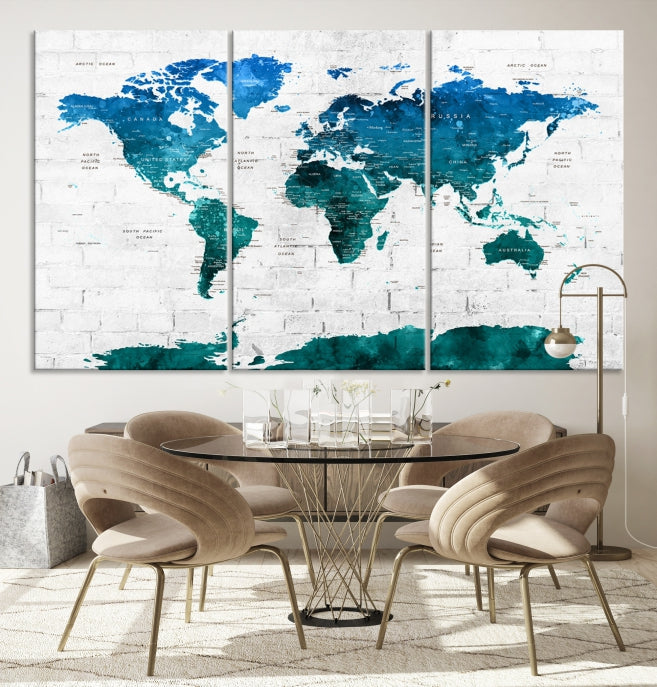 Turquoise Blue World Map Canvas Wall Art Giclee Print Artwork for Walls