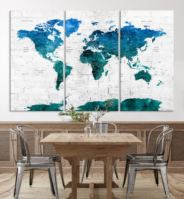 Turquoise Blue World Map Canvas Wall Art Giclee Print Artwork for Walls