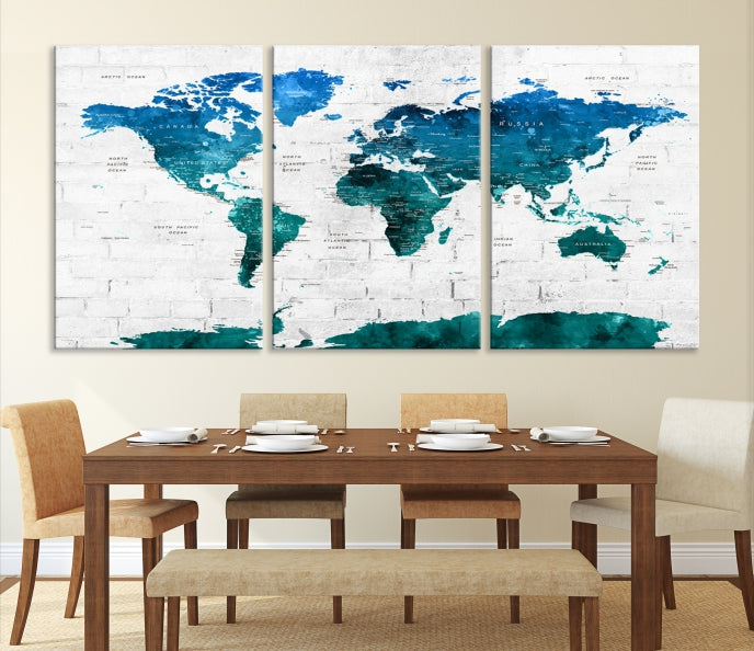 Turquoise Blue World Map Canvas Wall Art Giclee Print Artwork for Walls