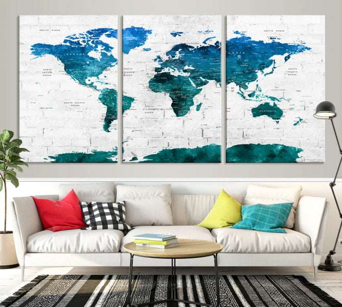 Turquoise Blue World Map Canvas Wall Art Giclee Print Artwork for Walls