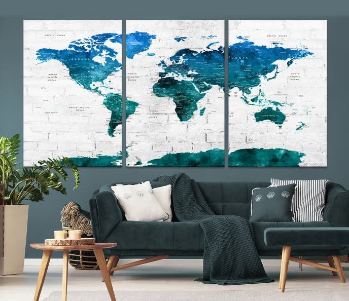 Turquoise Blue World Map Canvas Wall Art Giclee Print Artwork for Walls