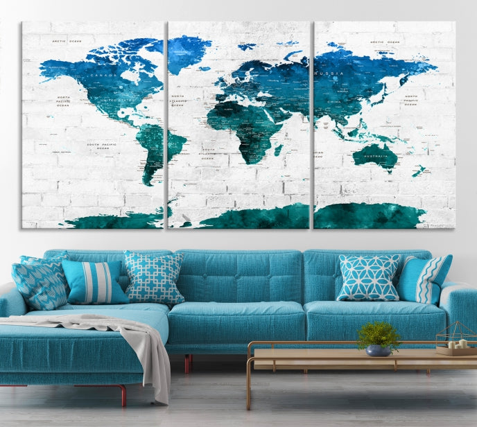 Turquoise Blue World Map Canvas Wall Art Giclee Print Artwork for Walls