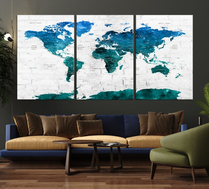 Turquoise Blue World Map Canvas Wall Art Giclee Print Artwork for Walls