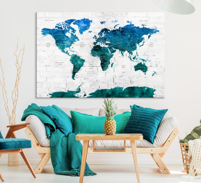 Turquoise Blue World Map Canvas Wall Art Giclee Print Artwork for Walls