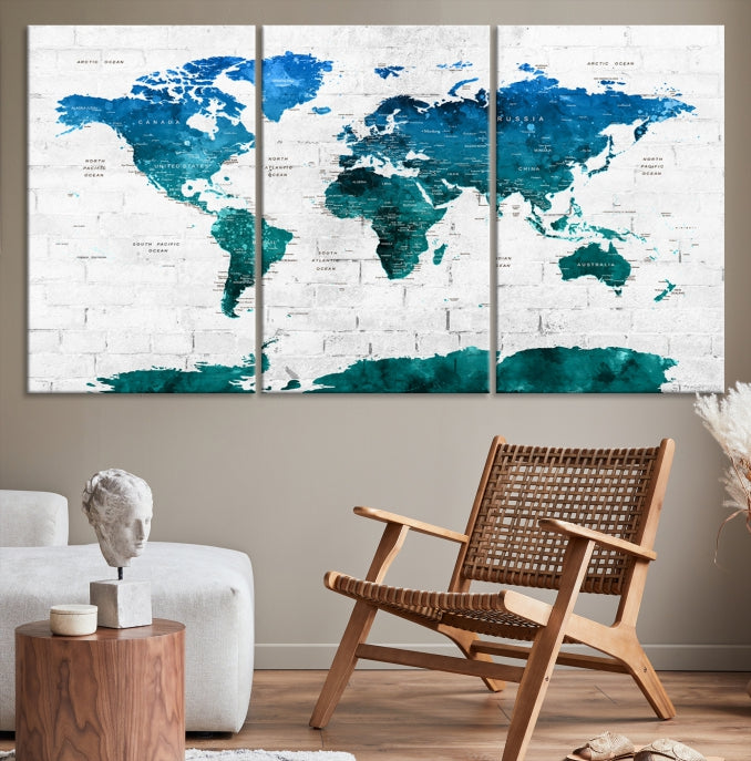 Turquoise Blue World Map Canvas Wall Art Giclee Print Artwork for Walls