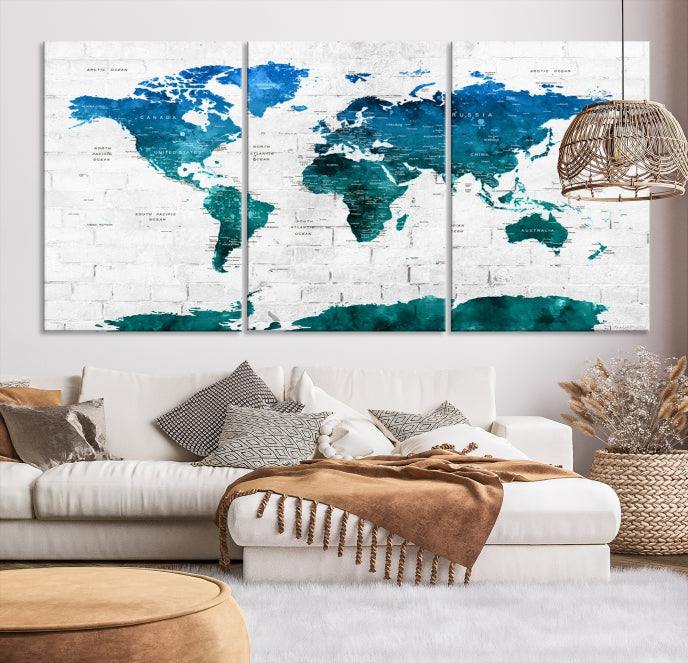 Turquoise Blue World Map Canvas Wall Art Giclee Print Artwork for Walls