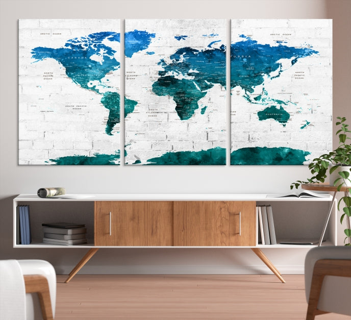 Turquoise Blue World Map Canvas Wall Art Giclee Print Artwork for Walls