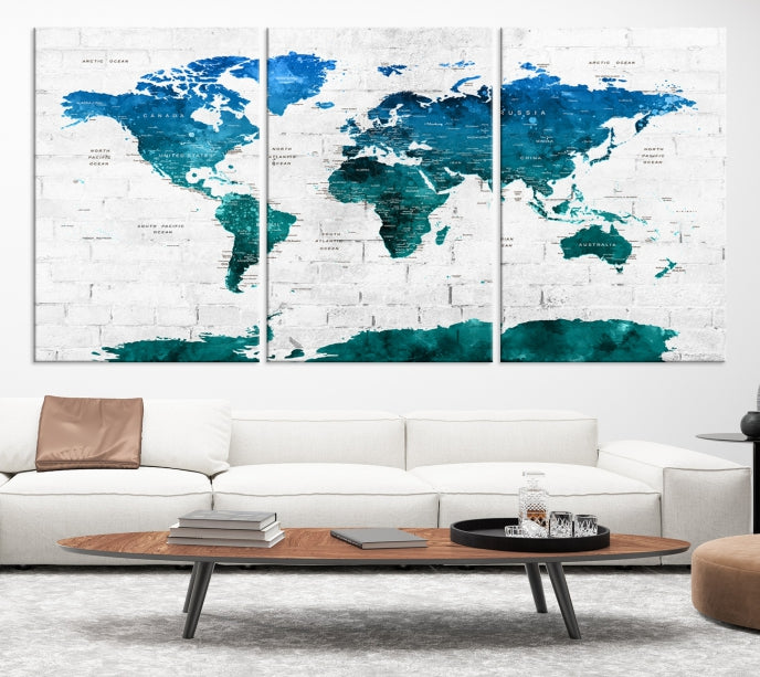 Turquoise Blue World Map Canvas Wall Art Giclee Print Artwork for Walls