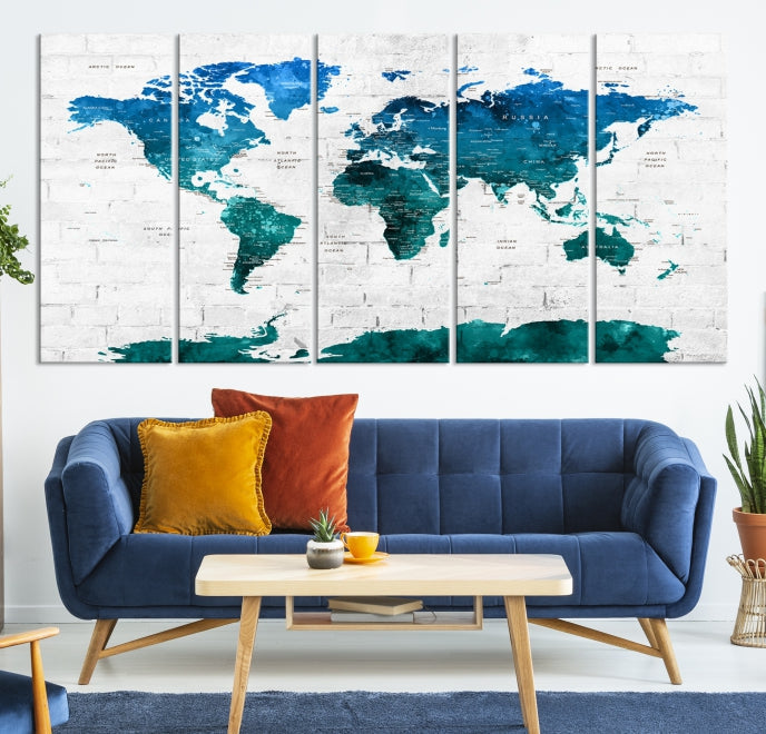 Turquoise Blue World Map Canvas Wall Art Giclee Print Artwork for Walls